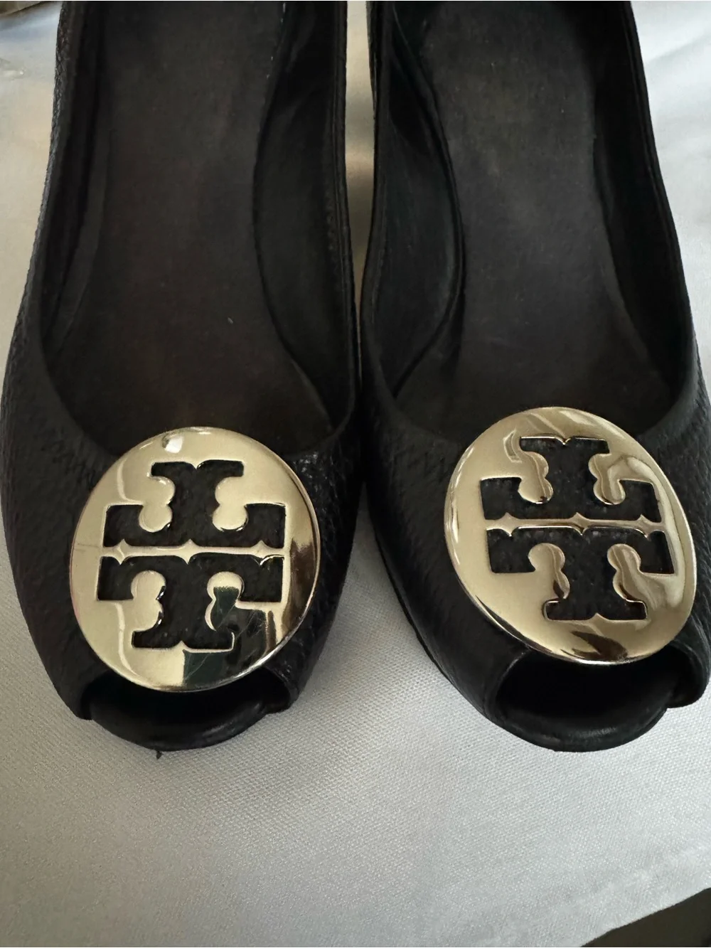 Tory Burch Black Leather Peep-Toe Flats with Silver Logo Medallions